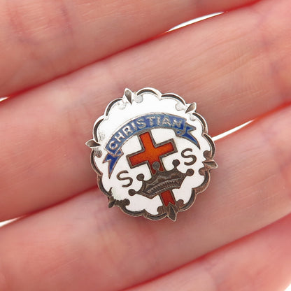 Cross Crown Little System Sterling Vintage Enamel Christian Sunday School Brooch