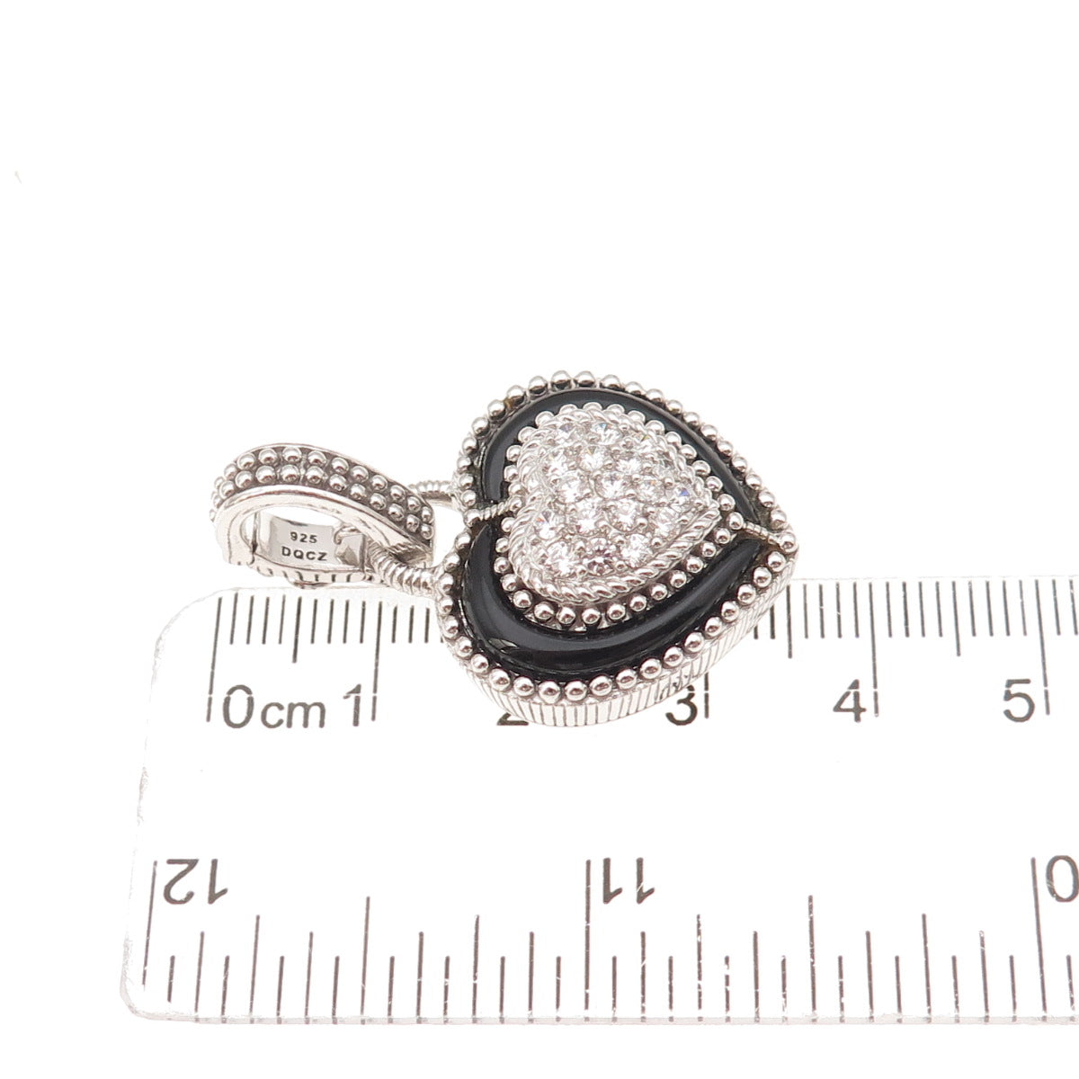 Judith Ripka 925 Sterling Silver Real Black Onyx & C Z Heart Charm Pendant