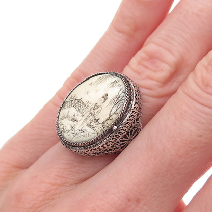 925 Sterling Silver Antique Chinese Lady Filigree Oxidized Poison Ring Size 5.25