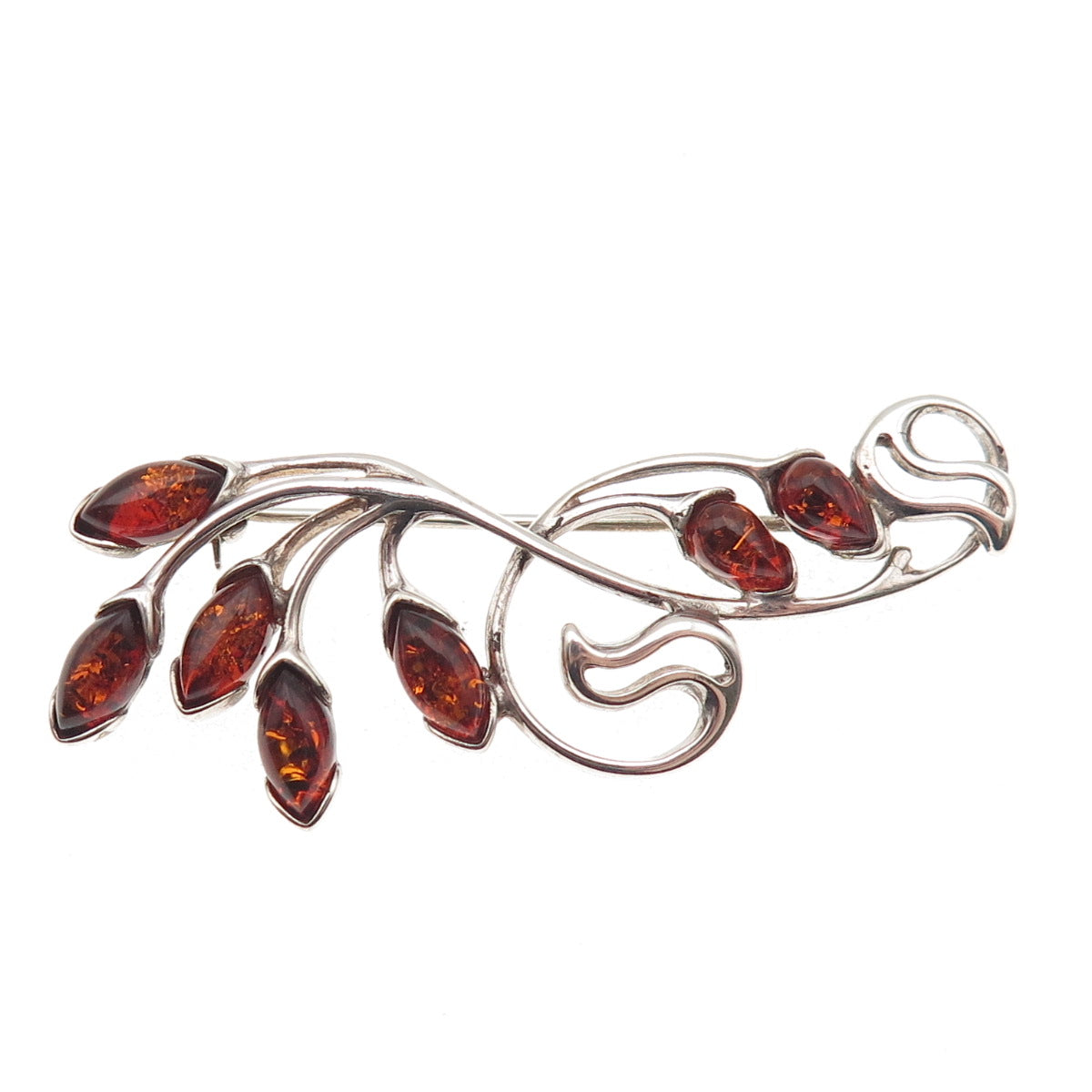 925 Sterling Silver Vintage Real Amber Modernist Floral Oxidized Pin Brooch