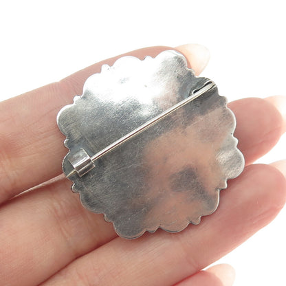 925 Sterling Silver Vintage Real Malachite Floral Ornate Pin Brooch