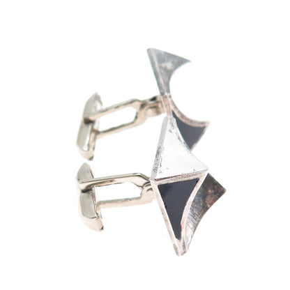 925 Sterling Silver Vintage Mexico Real Black Onyx Modernist Oxidized Cufflinks