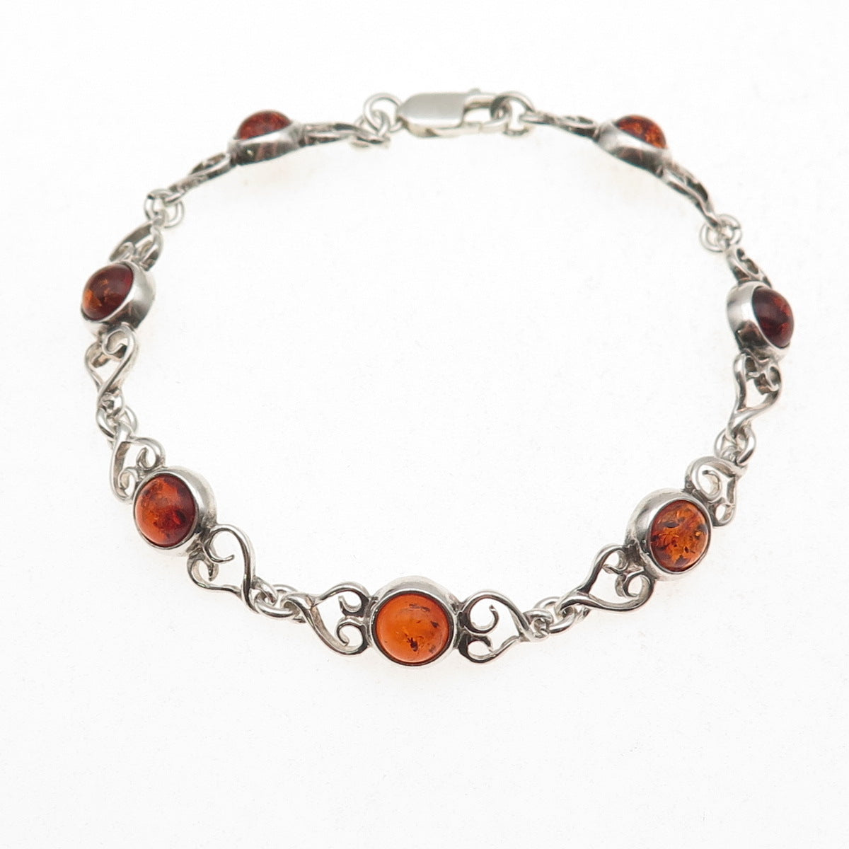 925 Sterling Silver Vintage Real Amber Heart Oxidized Bracelet 6.75"