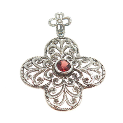 CHAPAL ZENRAY 925 Sterling Silver Vintage Real Red Garnet Floral Pendant