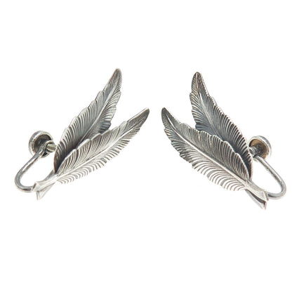 BEAU 925 Sterling Silver Antique Art Deco Feather Screw Back Earrings