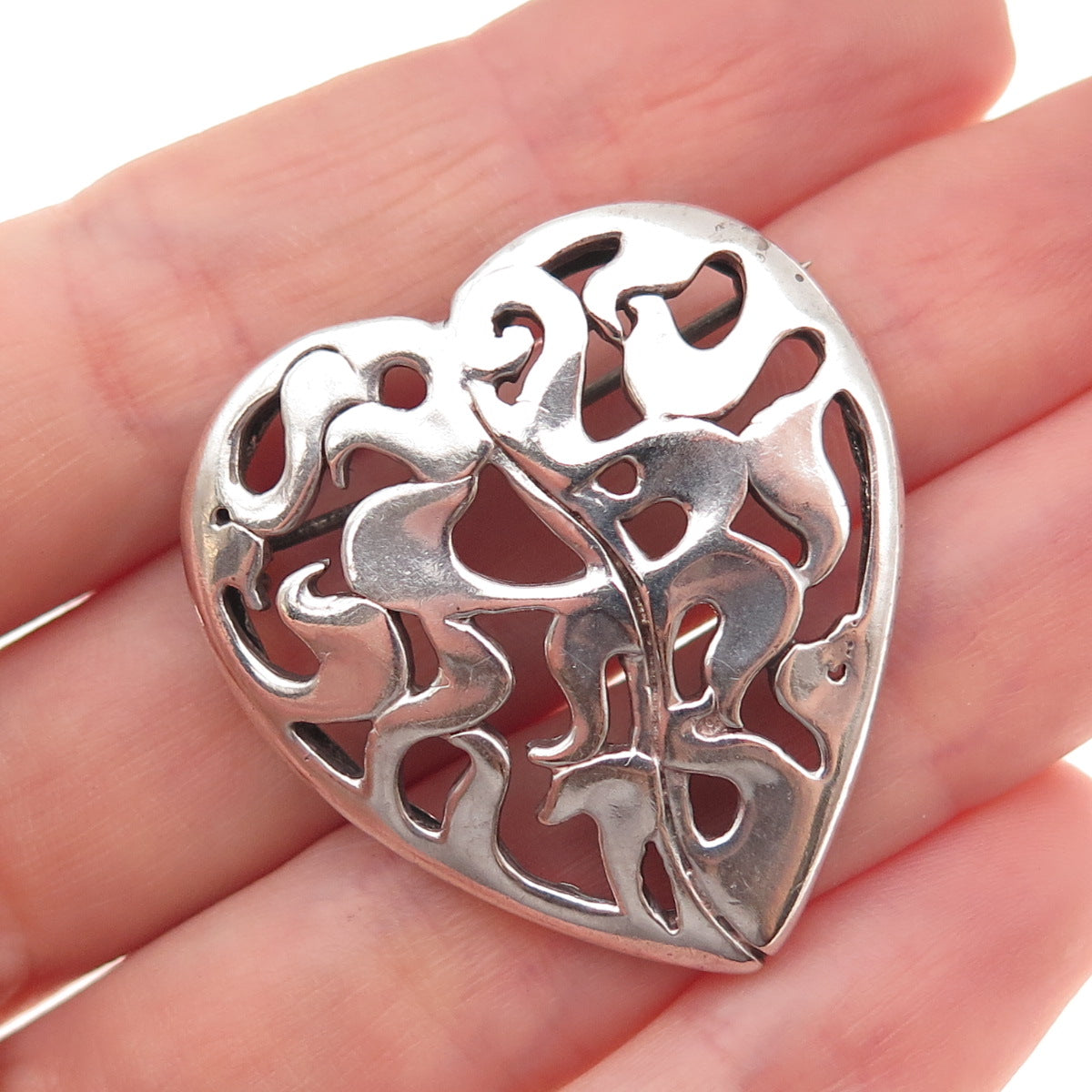 Carolyn Pollack 925 Sterling Silver Vintage Modernist Heart Oxidized Pin Brooch