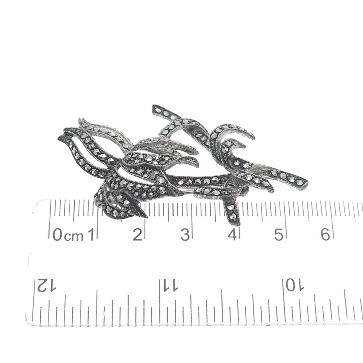 925 Sterling Silver Antique 1955 SGW Birmingham Marcasite Flower Oxidized Brooch