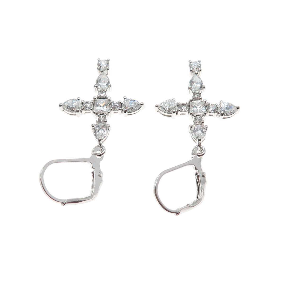 925 Sterling Silver Princess Pear & Round-Cut C Z Cross Dangle Earrings