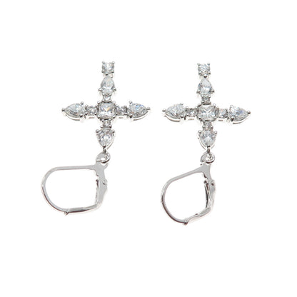 925 Sterling Silver Princess Pear & Round-Cut C Z Cross Dangle Earrings