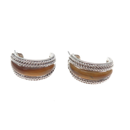 SAI 925 Sterling Silver Vintage Real Tiger Eye Crescent Hoop Earrings