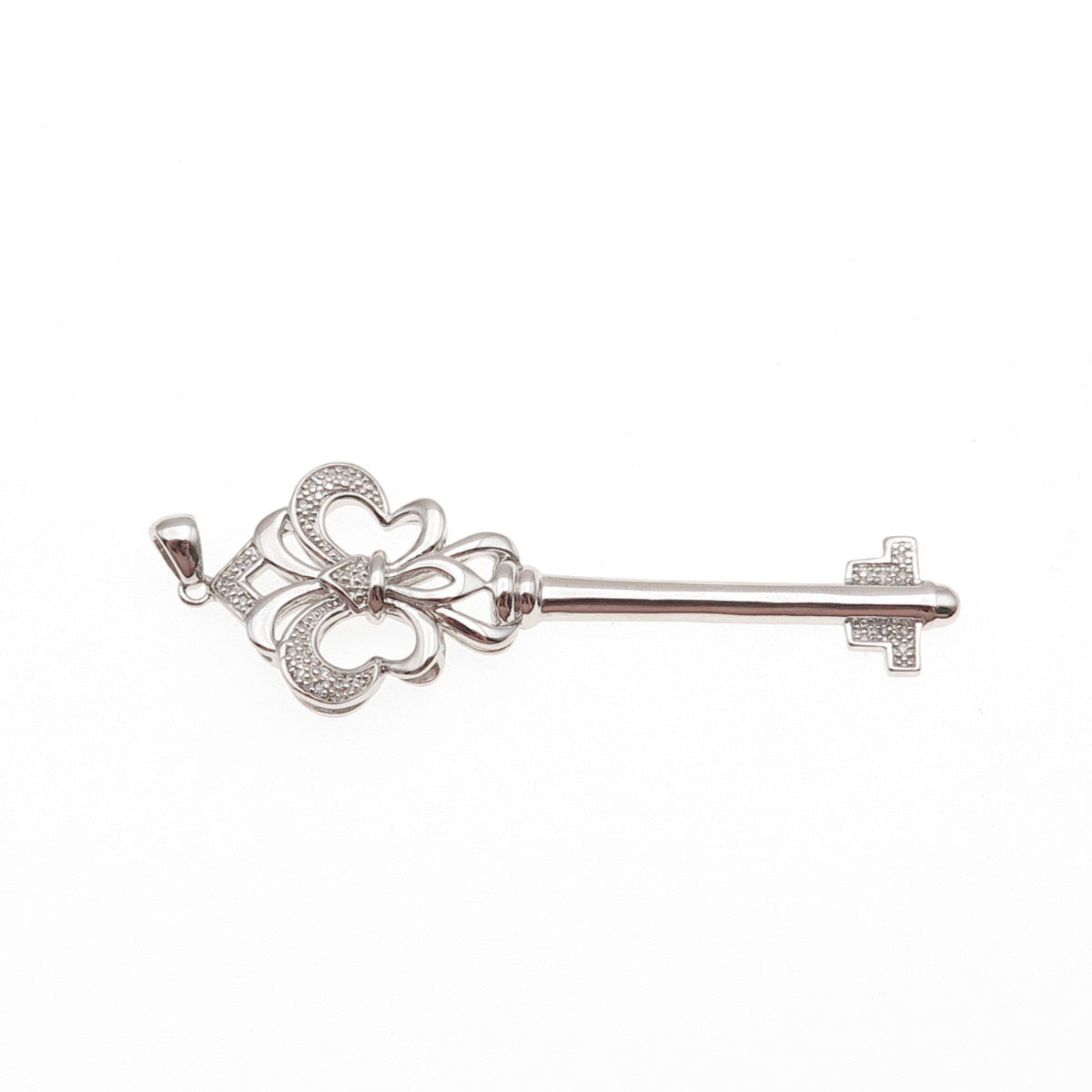 925 Sterling Silver Real Round-Cut Diamond Fleur de Lis Key Pendant