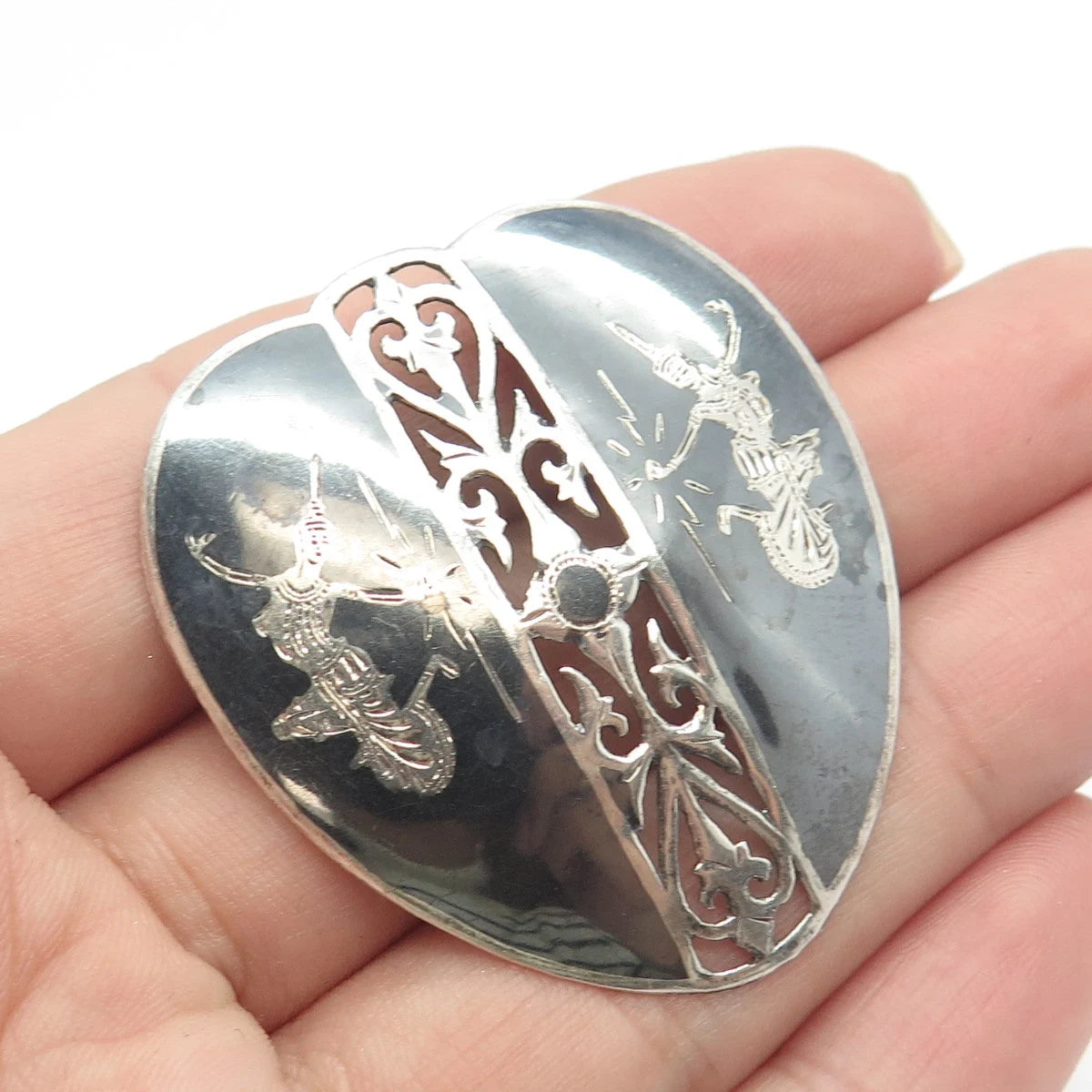 925 Sterling Silver Vintage Siam Niello Hindu Goddess Ornate Pin Brooch