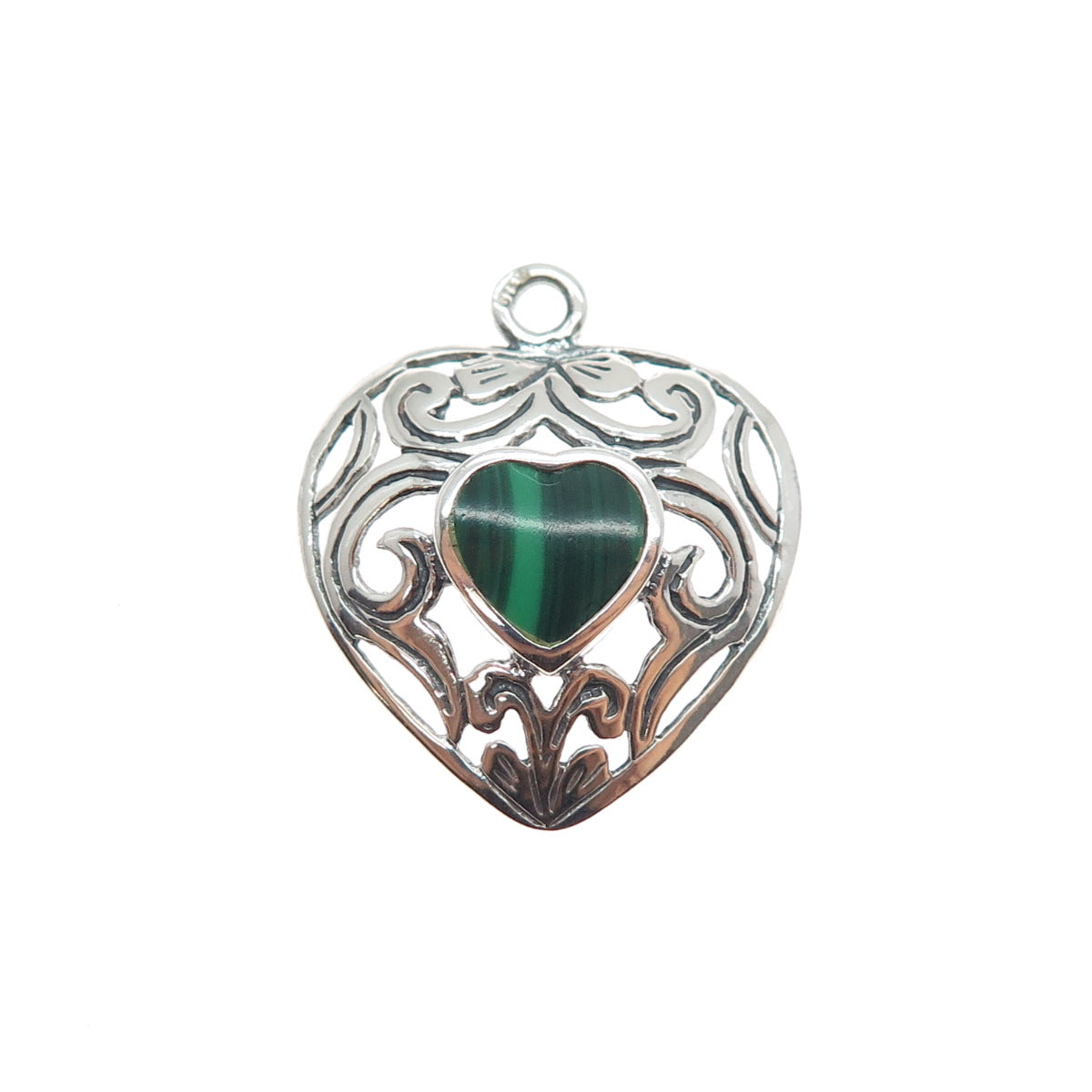 925 Sterling Silver Vintage Real Malachite Floral Heart Charm Pendant