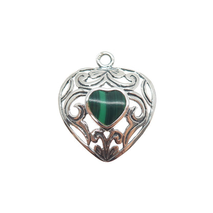925 Sterling Silver Vintage Real Malachite Floral Heart Charm Pendant
