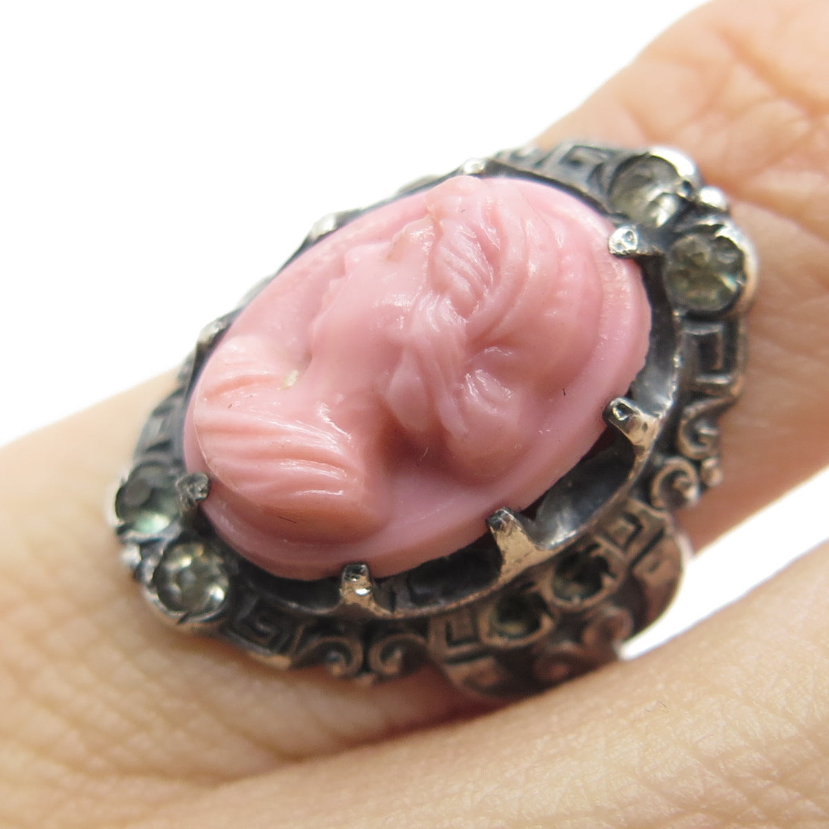 925 Sterling Silver Antique Rose Ceramic & Rhinestone Cameo Lady Ring Size 5