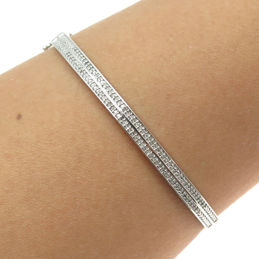 SUN 925 Sterling Silver Real Round-Cut Diamond Bangle Bracelet 7.25"