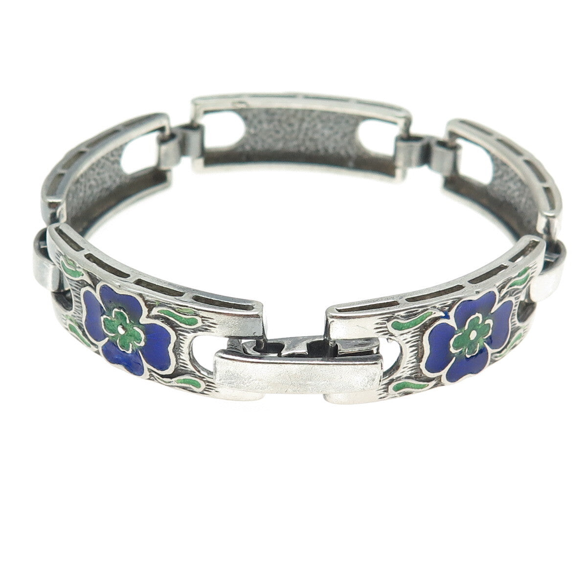 925 Sterling Silver Vintage Enamel Floral Panel Link Oxidized Bracelet 7.5"