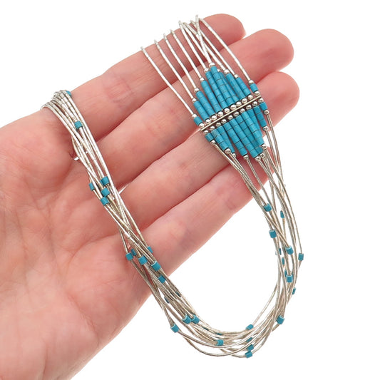 Old Pawn Sterling Silver Vintage Turquoise 10-Strand Liquid Chain Necklace 22"