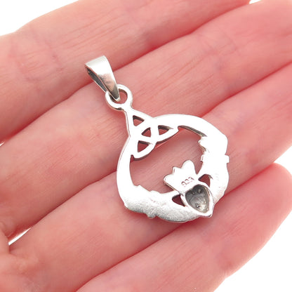 925 Sterling Silver Vintage Irish Claddagh Oxidized Charm Pendant