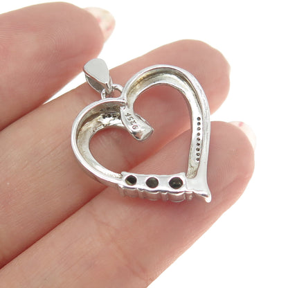 925 Sterling Silver Real Round-Cut Diamond Open Heart Pendant