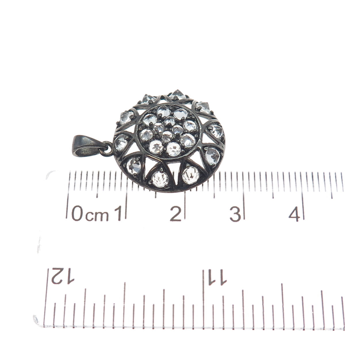 925 Sterling Silver Black Rhodium Real Round-Cut White Topaz Charm Pendant