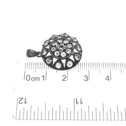 925 Sterling Silver Black Rhodium Real Round-Cut White Topaz Charm Pendant