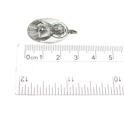 925 Sterling Silver Antique Art Deco Jesus Sacred Heart Medal Charm Pendant