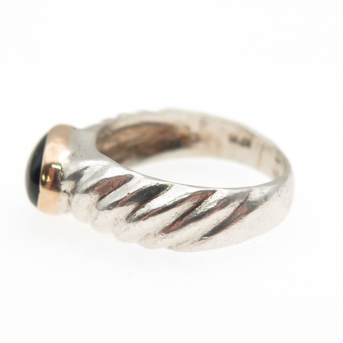 925 Sterling Silver 14K Gold Vintage Real Black Onyx Modernist Ring Size 6.25