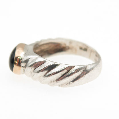925 Sterling Silver 14K Gold Vintage Real Black Onyx Modernist Ring Size 6.25