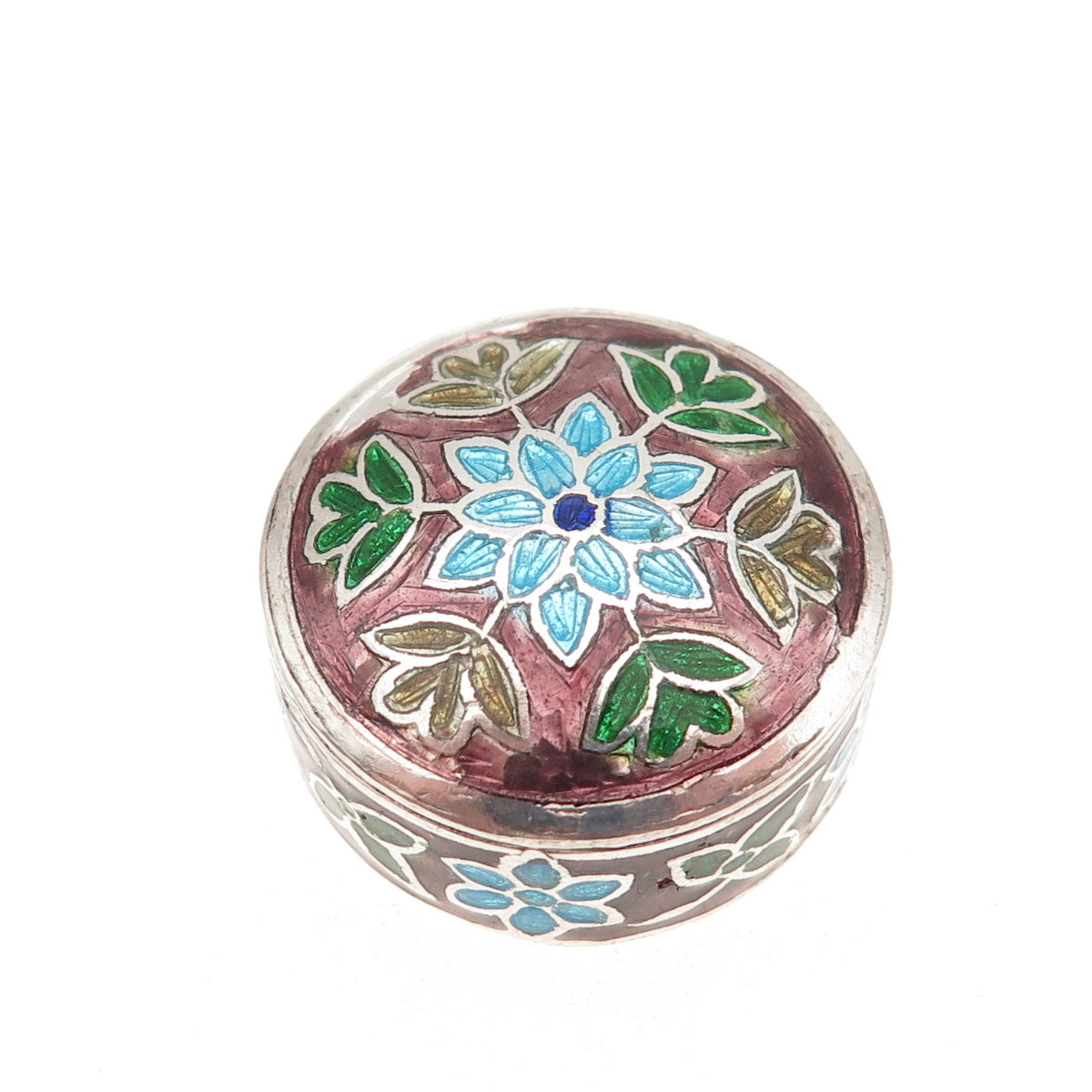 925 Sterling Silver Vintage Enamel Floral Snuff / Pill Box