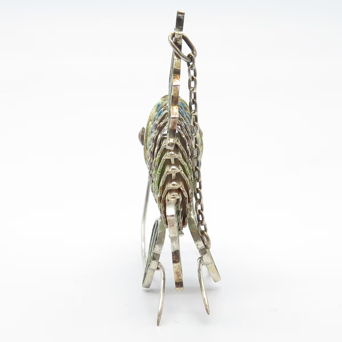 925 Sterling Silver Antique Enamel Articulated Chinese Koi Fish Chatelaine Fob