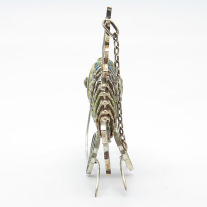 925 Sterling Silver Antique Enamel Articulated Chinese Koi Fish Chatelaine Fob