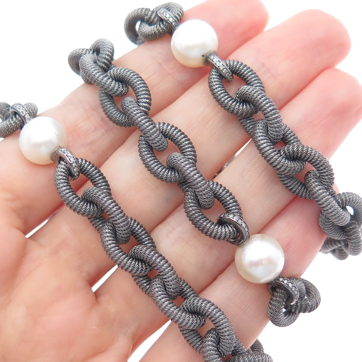 925 Sterling Silver Black Rhodium Vintage Real Diamond Pearl Chain Necklace 32"