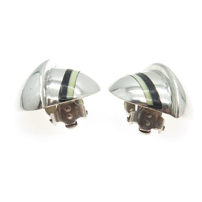 925 Sterling Silver VSS Vintage White & Black Onyx Modernist Clip On Earrings