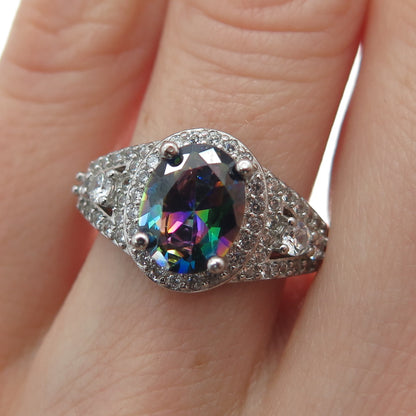 925 Sterling Silver Real Oval-Cut Mystic Quartz & C Z Cluster Ring Size 7.25