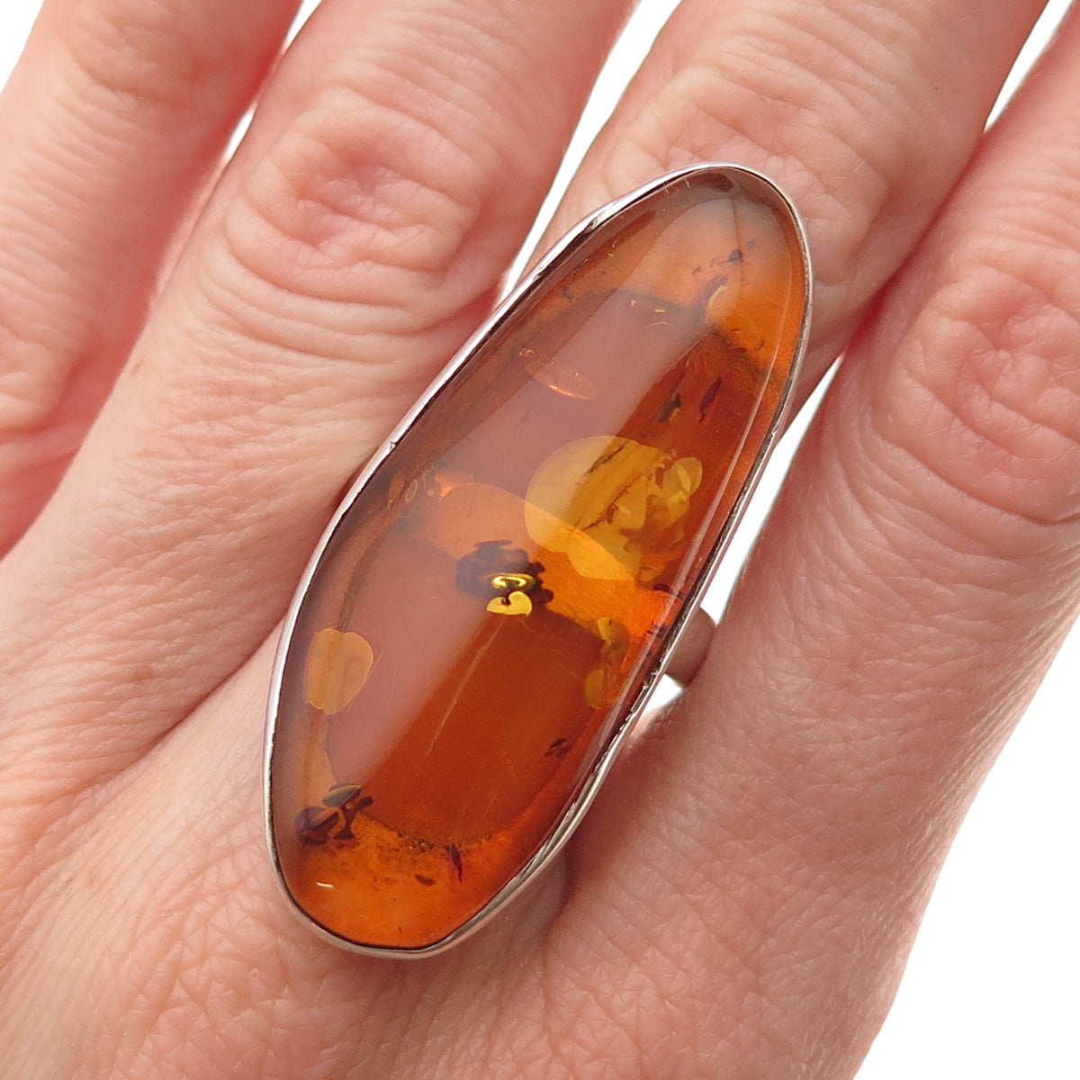 925 Sterling Silver Vintage Real Amber Modernist Statement Ring Size 7.25