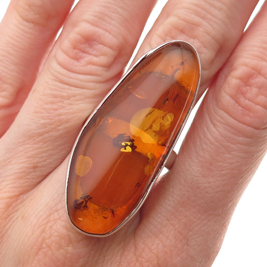 925 Sterling Silver Vintage Real Amber Modernist Statement Ring Size 7.25