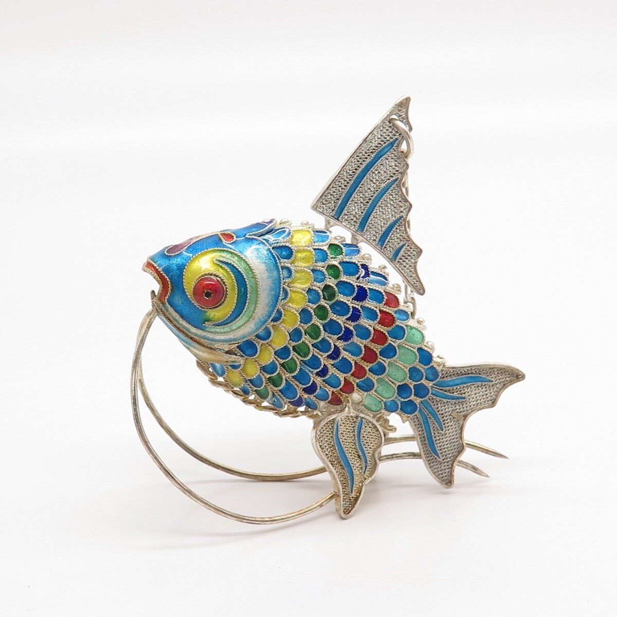 925 Sterling Silver Antique Enamel Articulated Chinese Koi Fish Chatelaine Fob