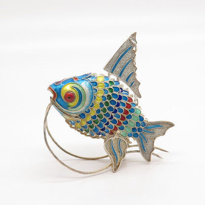 925 Sterling Silver Antique Enamel Articulated Chinese Koi Fish Chatelaine Fob