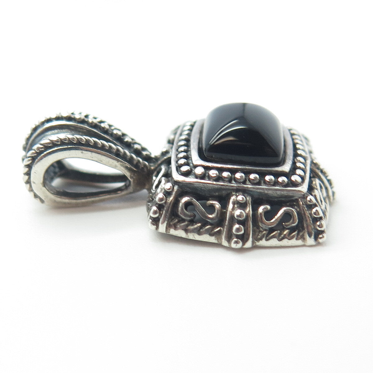 925 Sterling Silver Vintage Black Onyx Gem Ornate Pendant