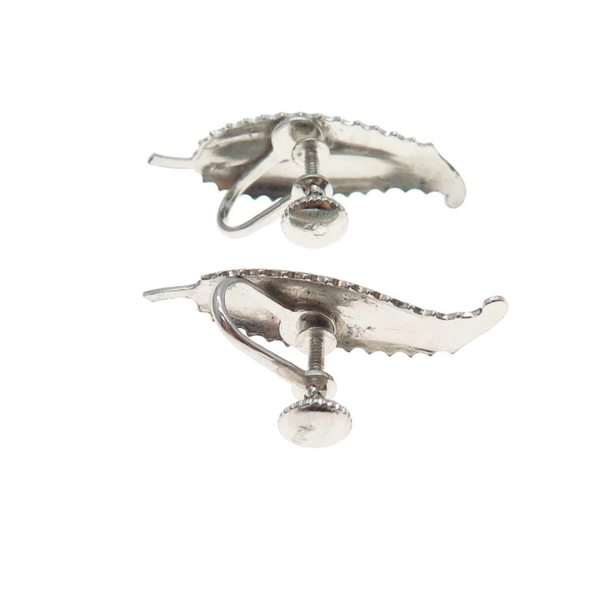 925 Sterling Silver Antique Art Deco Feather Oxidized Screw Back Earrings