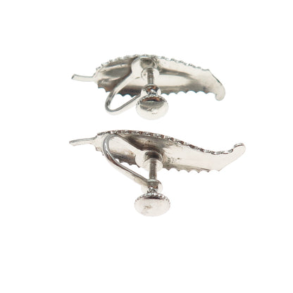 925 Sterling Silver Antique Art Deco Feather Oxidized Screw Back Earrings