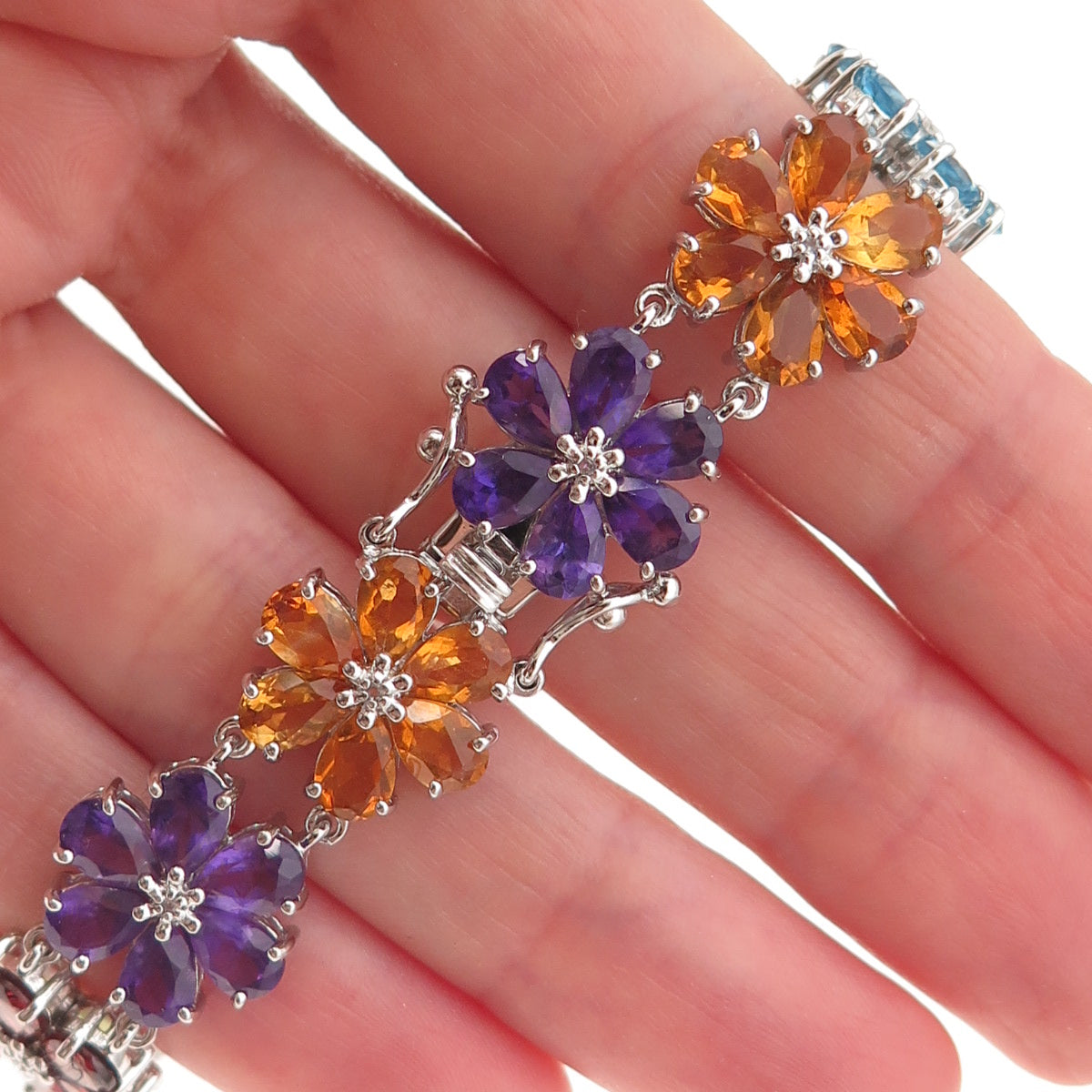 925 Sterling Real Diamond Blue Topaz Amethyst Citrine Garnet Peridot Bracelet 7"