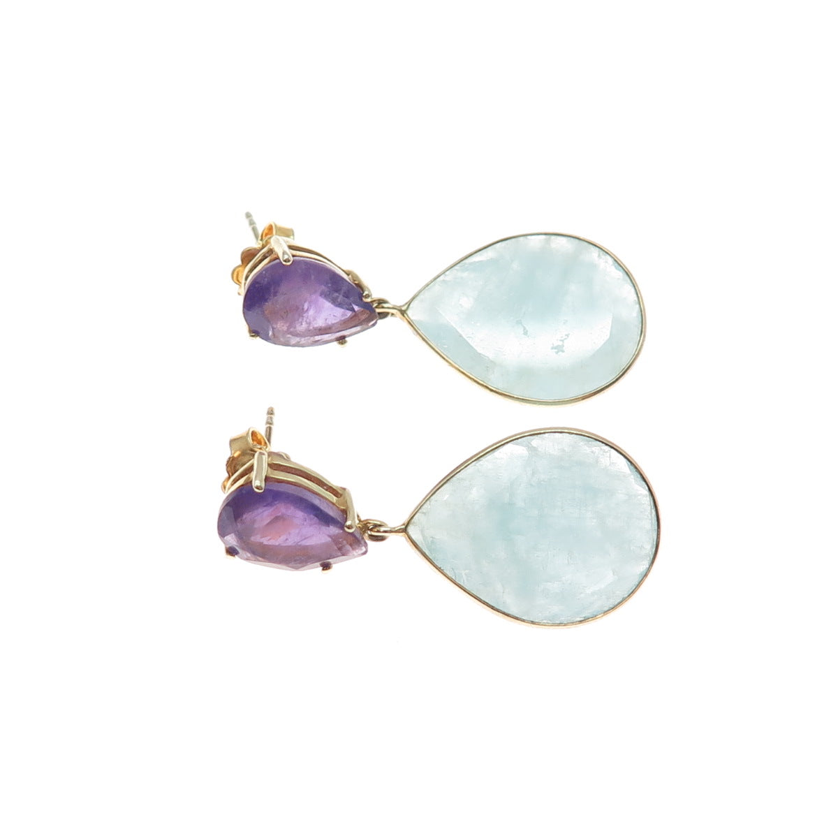 925 Sterling Silver Gold Plated Real Milky Aquamarine & Amethyst Dangle Earrings