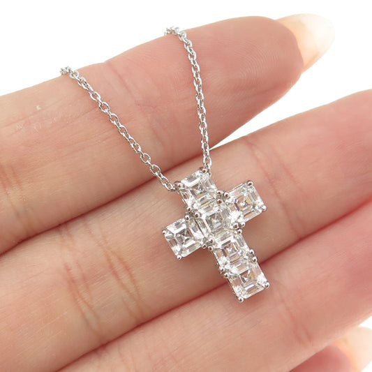 925 Sterling Silver Princess-Cut Shaped C Z Cross Rolo Chain Necklace 16-18"