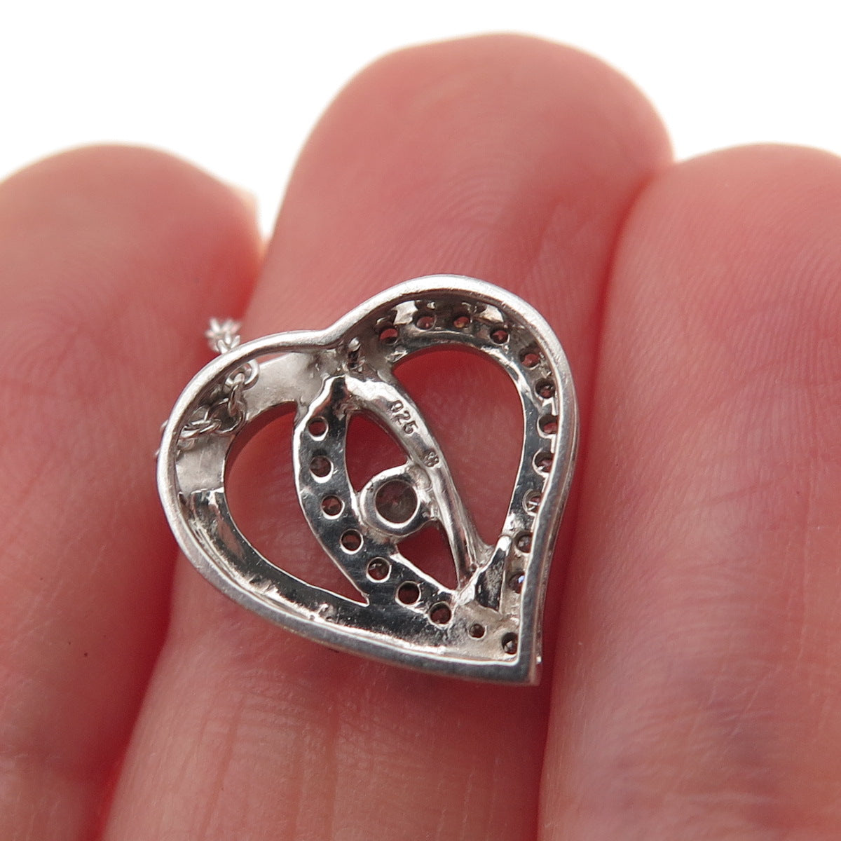 925 Sterling Silver Real Round-Cut Diamond Heart Cable Chain Necklace 18"