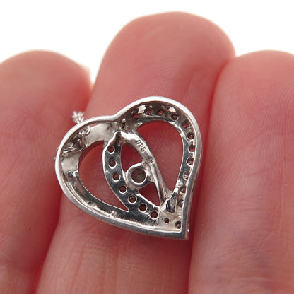 925 Sterling Silver Real Round-Cut Diamond Heart Cable Chain Necklace 18"