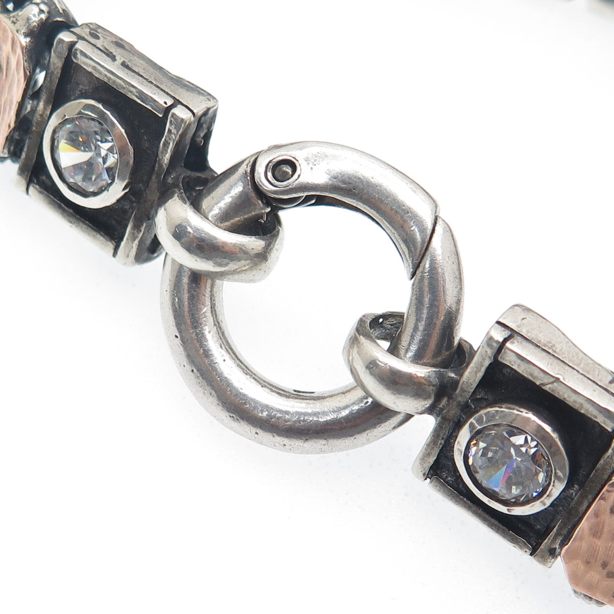 925 Sterling Silver 14K Rose Gold Vintage Real Opal & C Z Ornate Bracelet 7.75"