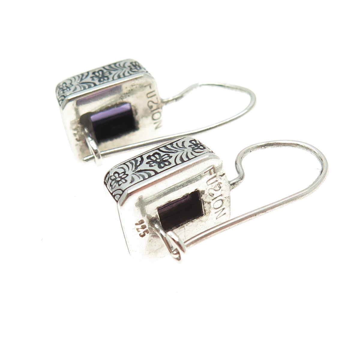 FUSION 925 Sterling Silver Vintage Real Emerald-Cut Amethyst Earrings