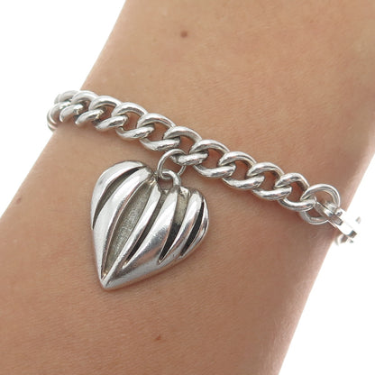 925 Sterling Silver Vintage Modernist Heart Charm Curb Link Bracelet 6.75"